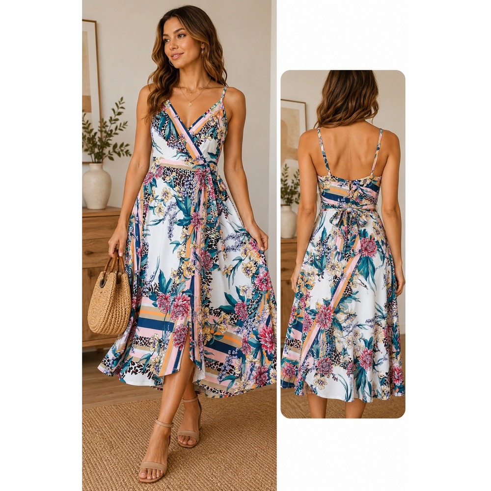 Hale Bob Midi Dress Floral Leopard Striped Mixed Print Sleeveless Boho Small